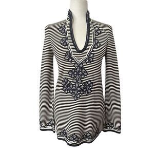 Tory Burch Knit Dress or Tunic V-Neck Long-Sleeve Black & White Striped Embroide